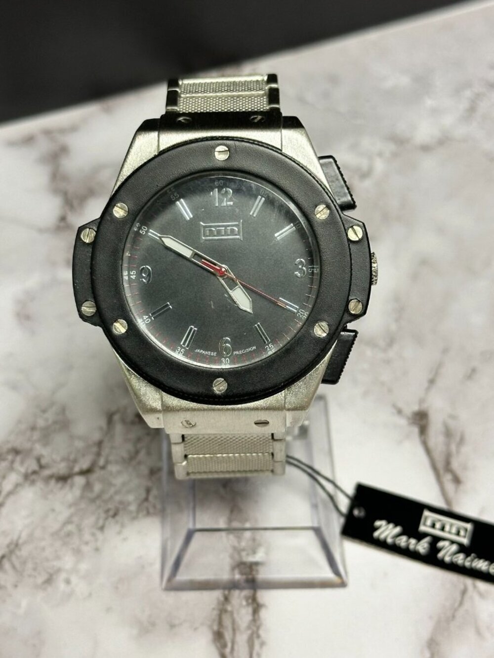 Mark Naimer Watch Men Silver Tone Black Dial Round 52MM New Battery 8.25"
